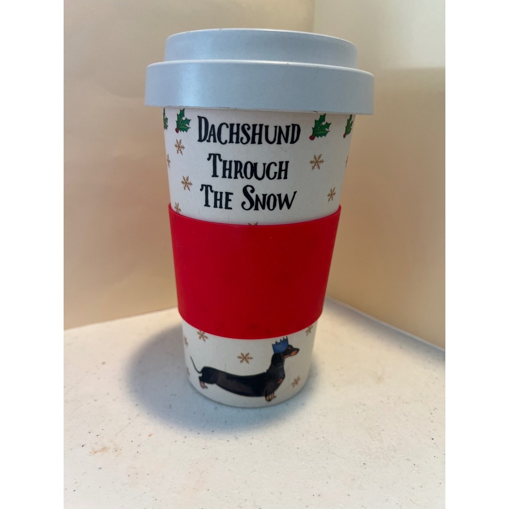 Milly Green Dachshund Through The Snow Bamboo Travel Mug Red Sleeve Holiday Cup